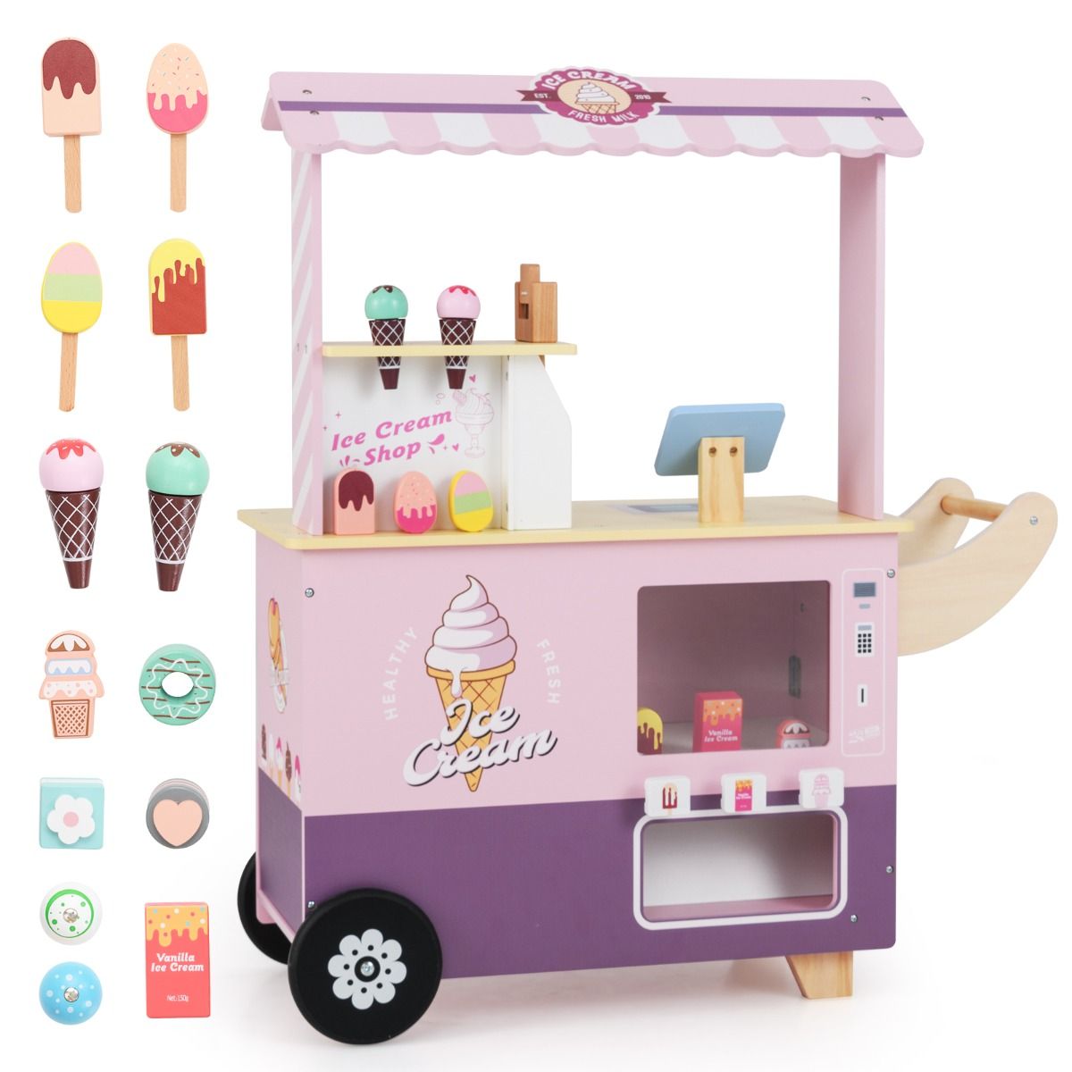 Kids Ice Cream Cart Pretend Play Set for Toddlers with Vending Machine