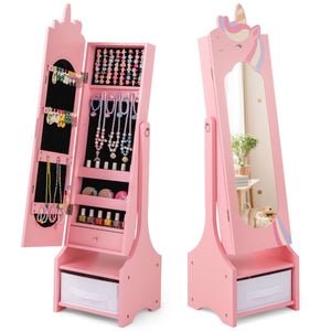 Kids Jewelry Cabinet with Full-Length Mirror and Foldable Drawer
