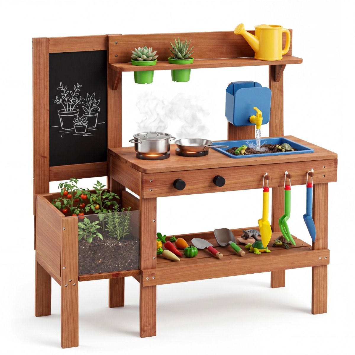 Kids Mud Kitchen Solid Wood with Planter Box Sink Stoves and Chalkboard