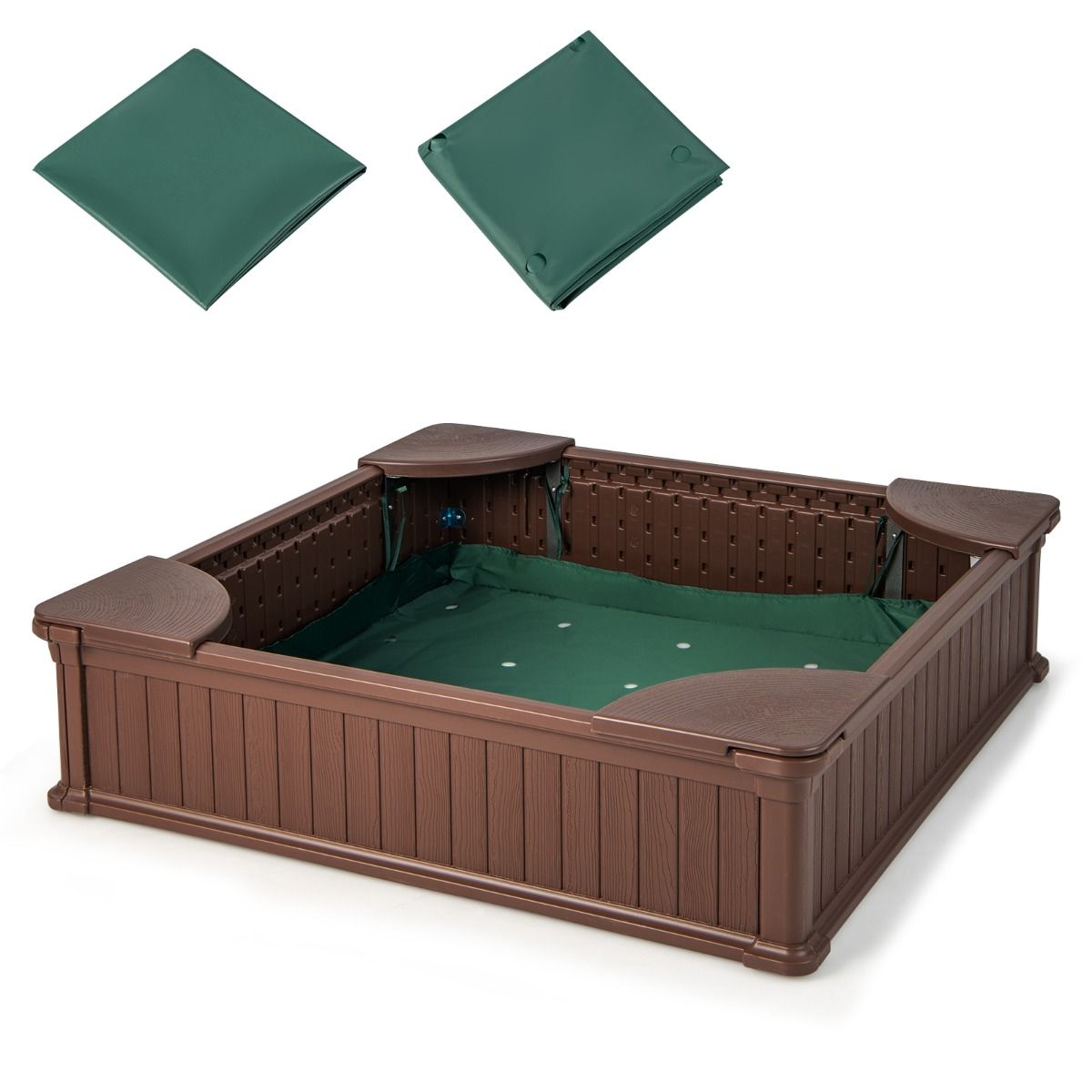 Kids Outdoor Sandbox with Waterproof Cover and 4 Corner Seats