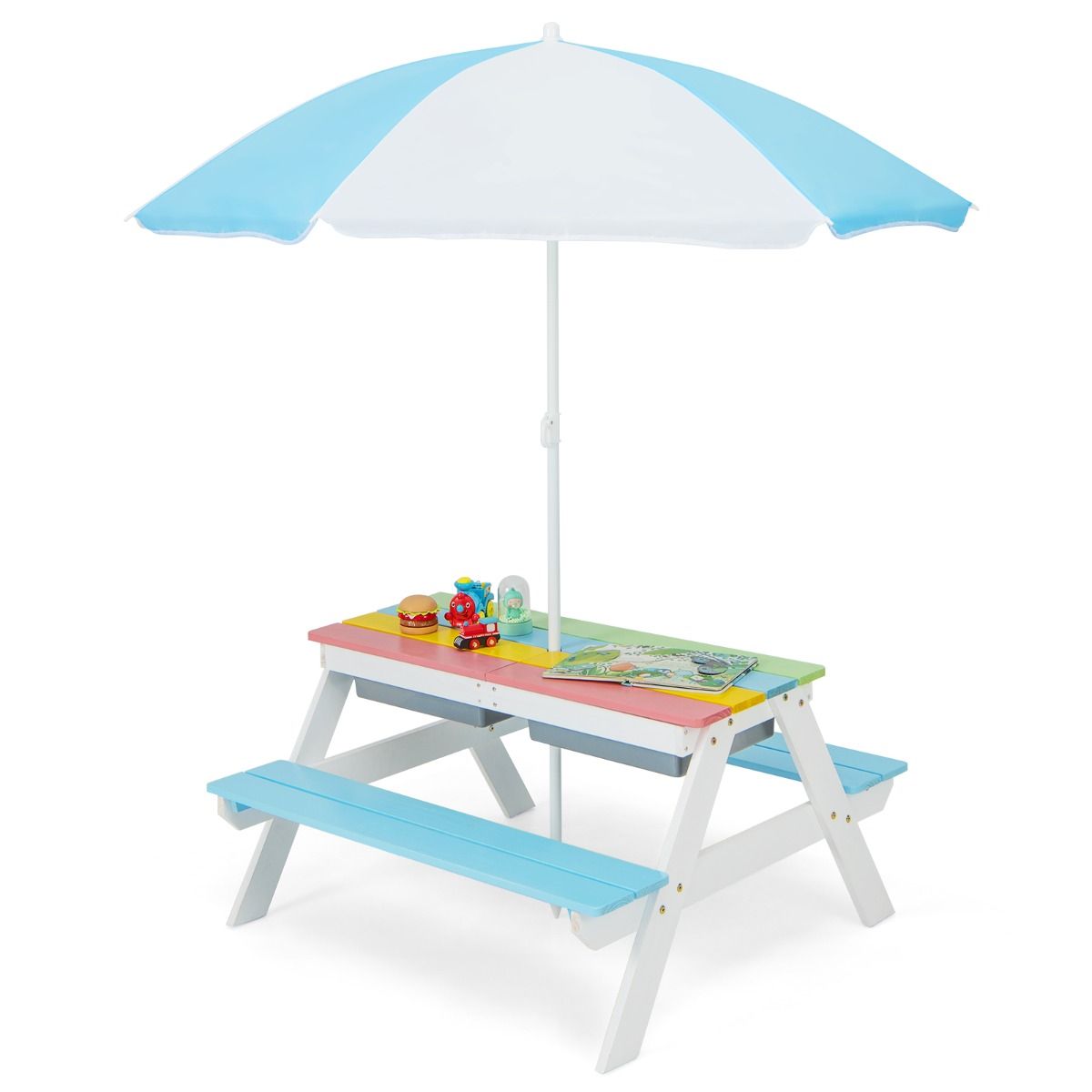 3-in-1 Kids Picnic Table Set, Children Water and Sand Table w/Removable & Height Adjustable Umbrella