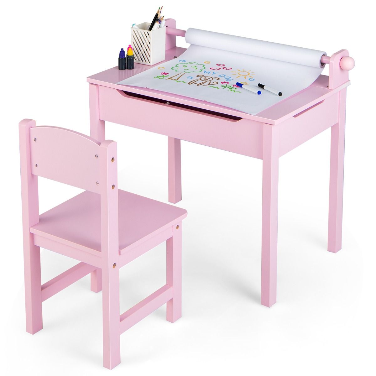 Kids Table and Chairs Set, Activity Desk and Chair for Children w/Paper Roll Holder & 2 Markers