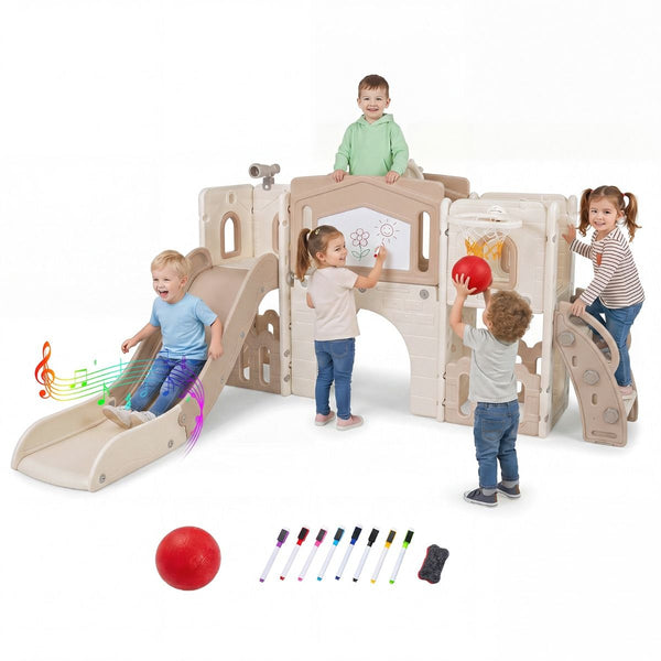 Kids Slide Playset with Basketball Hoop and Music Box for Toddlers