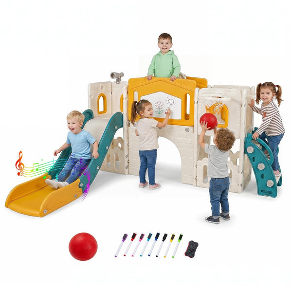 Kids Slide Playset with Basketball Hoop and Music Box for Toddlers
