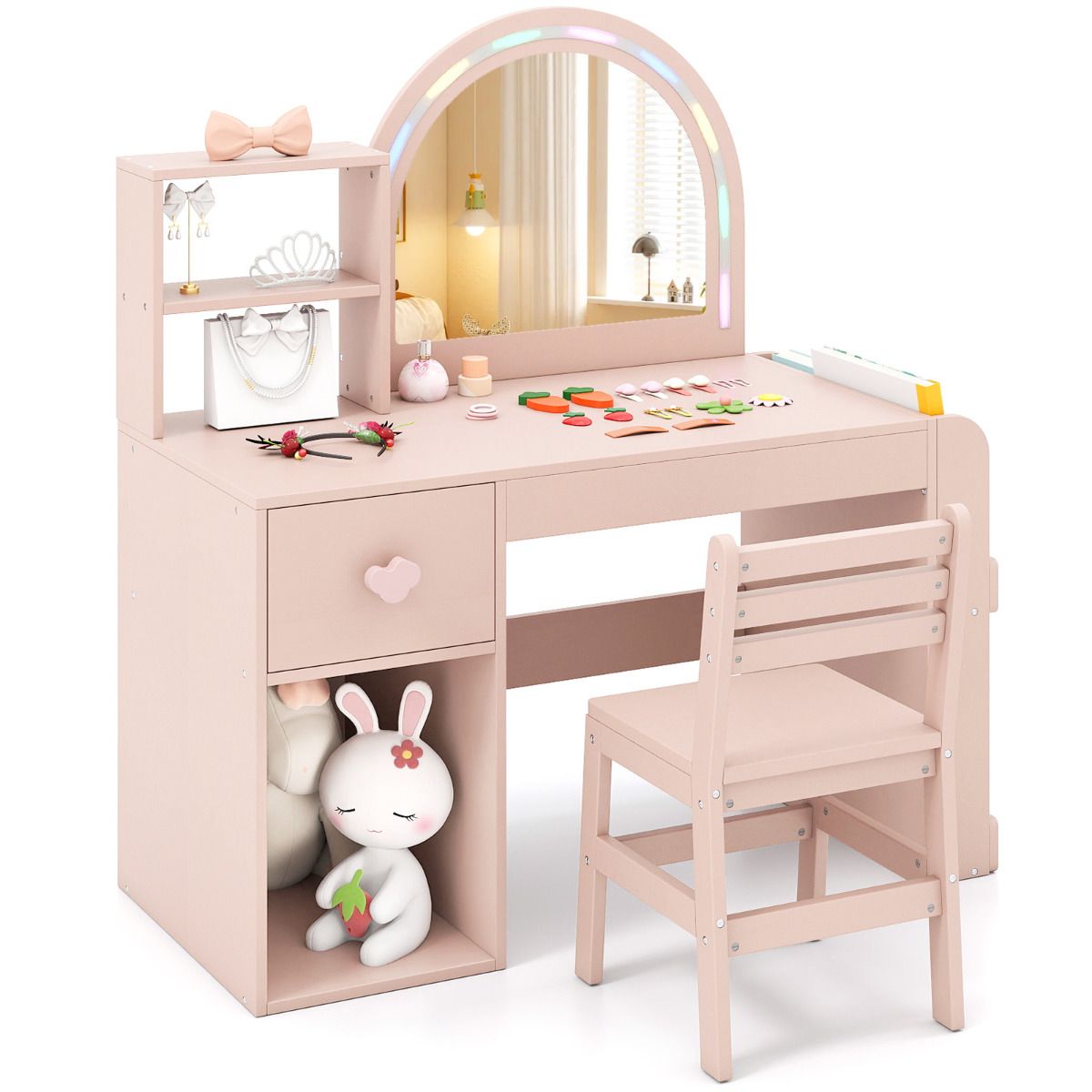 Kids Vanity Desk with Lights Princess Makeup Table with Lighted Mirror