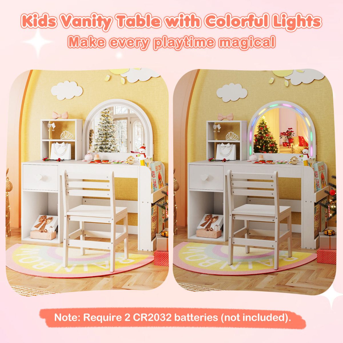 Kids Vanity Desk with Lights Princess Makeup Table with Lighted Mirror