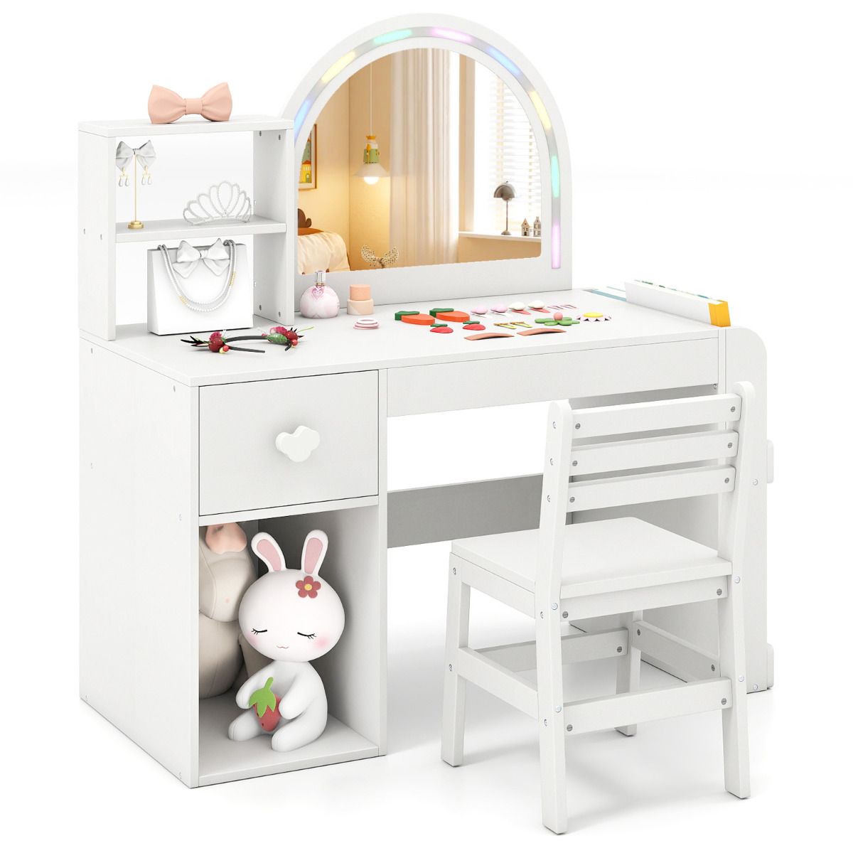 Kids Vanity Desk with Lights Princess Makeup Table with Lighted Mirror