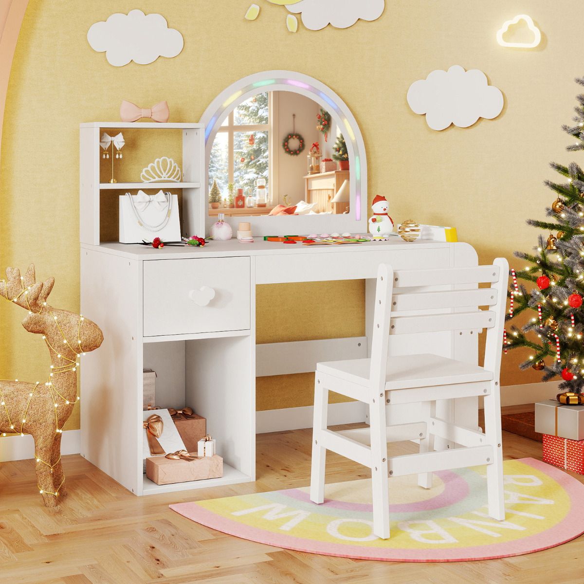Kids Vanity Desk with Lights Princess Makeup Table with Lighted Mirror