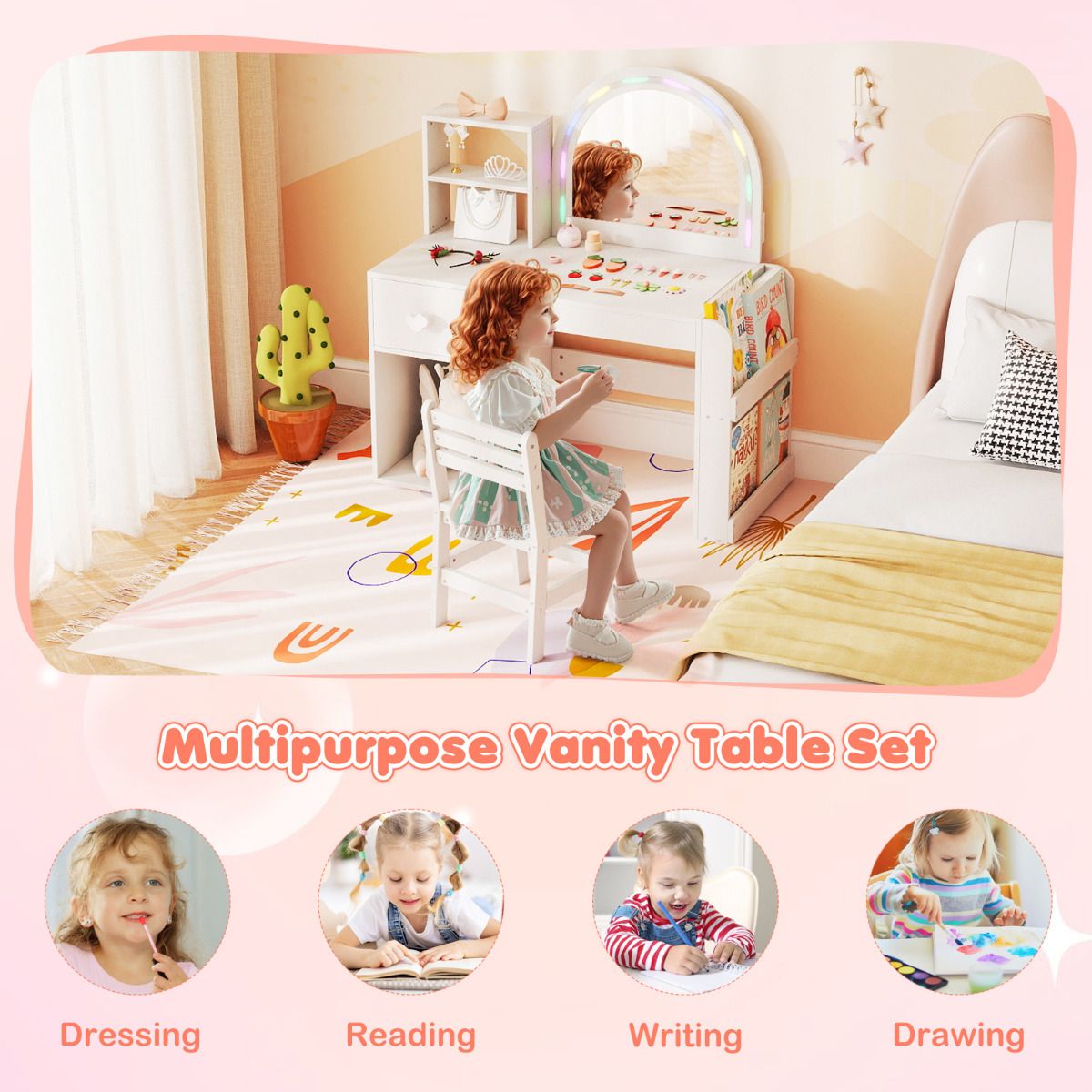 Kids Vanity Desk with Lights Princess Makeup Table with Lighted Mirror