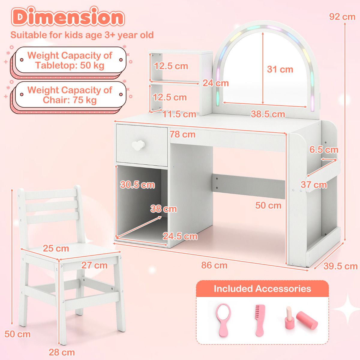 Kids Vanity Desk with Lights Princess Makeup Table with Lighted Mirror