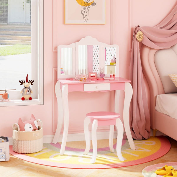 Kids Vanity Set with Tri-folding Acrylic Mirror TOP 20 Bonus Trinkets Set