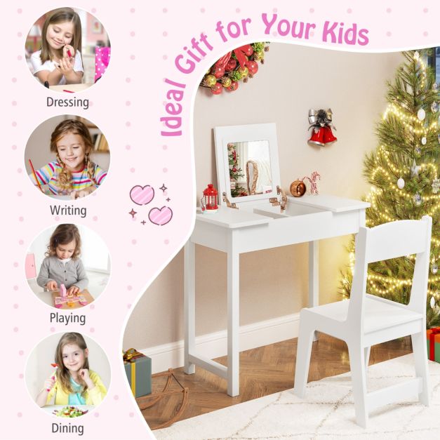Kids Vanity Set with Flip Top Mirror, 2 in 1 Vanity Table & Chair Set w/Shatterproof Acrylic Mirror