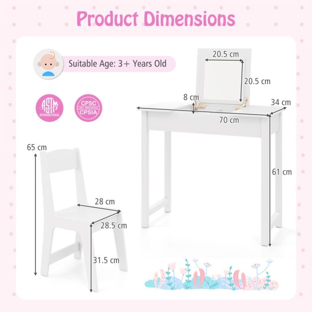 Kids Vanity Set with Flip Top Mirror, 2 in 1 Vanity Table & Chair Set w/Shatterproof Acrylic Mirror