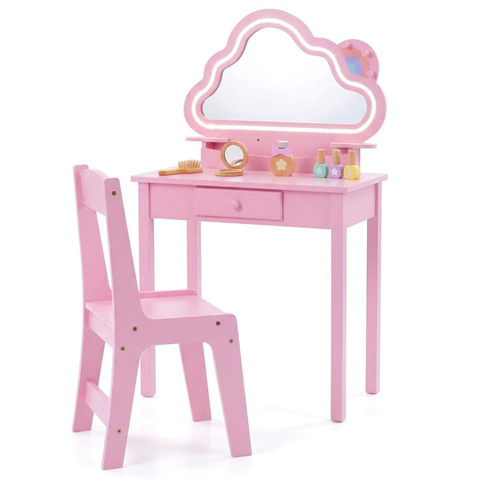 Kids Vanity Set with Lighted Cloud Mirror and Stool for Girls