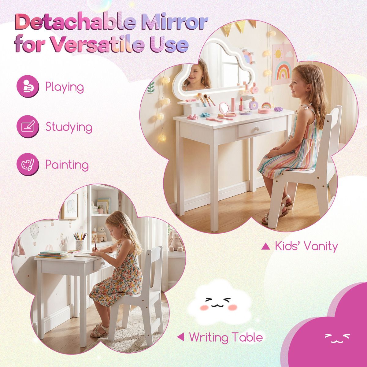 Kids Vanity Set with Lighted Cloud Mirror and Stool for Girls