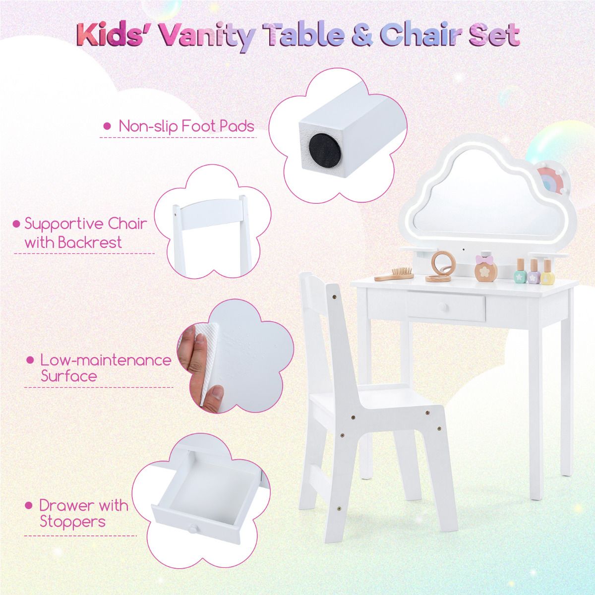 Kids Vanity Set with Lighted Cloud Mirror and Stool for Girls