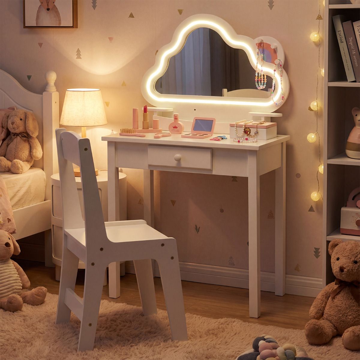 Kids Vanity Set with Lighted Cloud Mirror and Stool for Girls