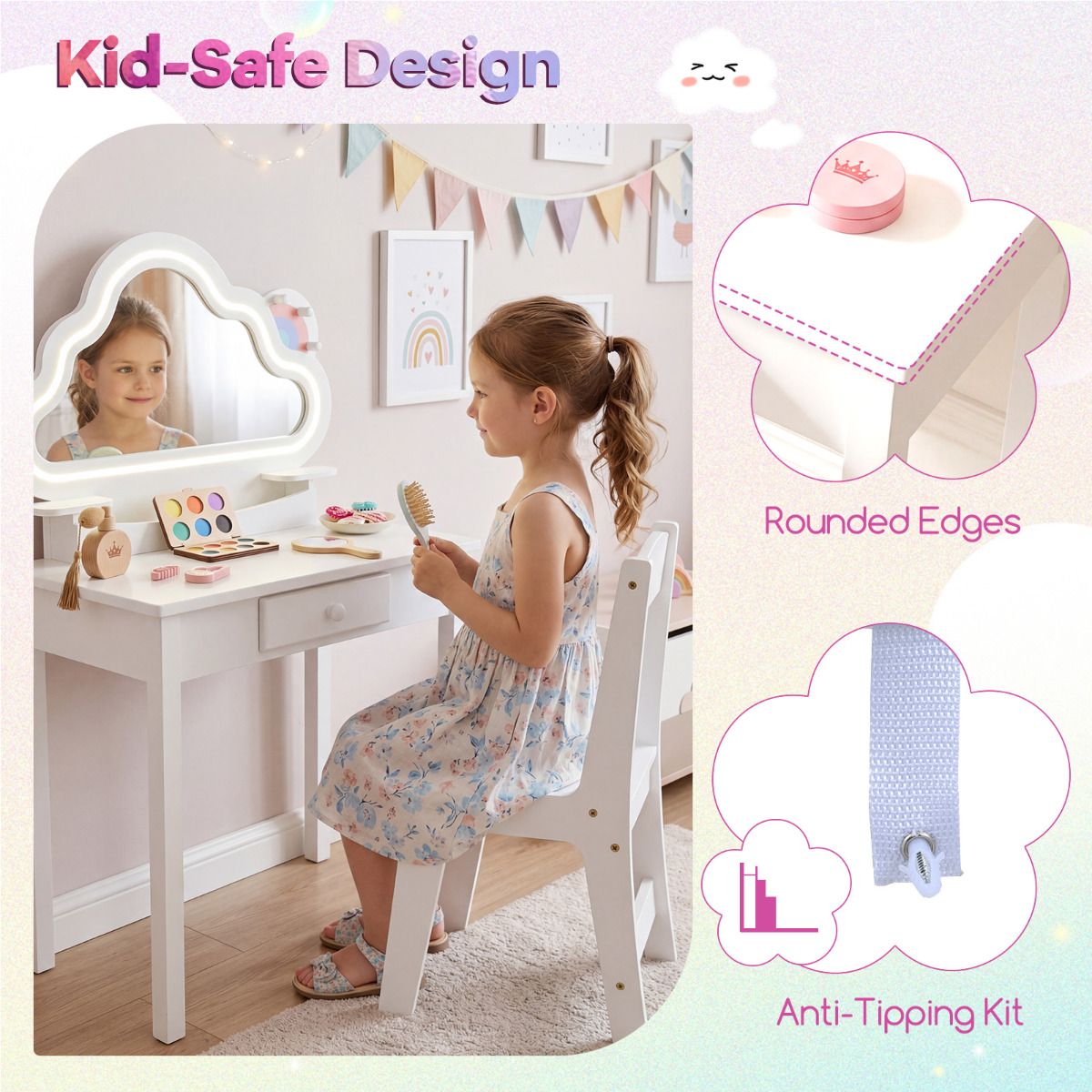 Kids Vanity Set with Lighted Cloud Mirror and Stool for Girls