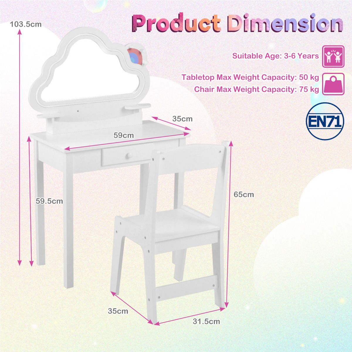 Kids Vanity Set with Lighted Cloud Mirror and Stool for Girls
