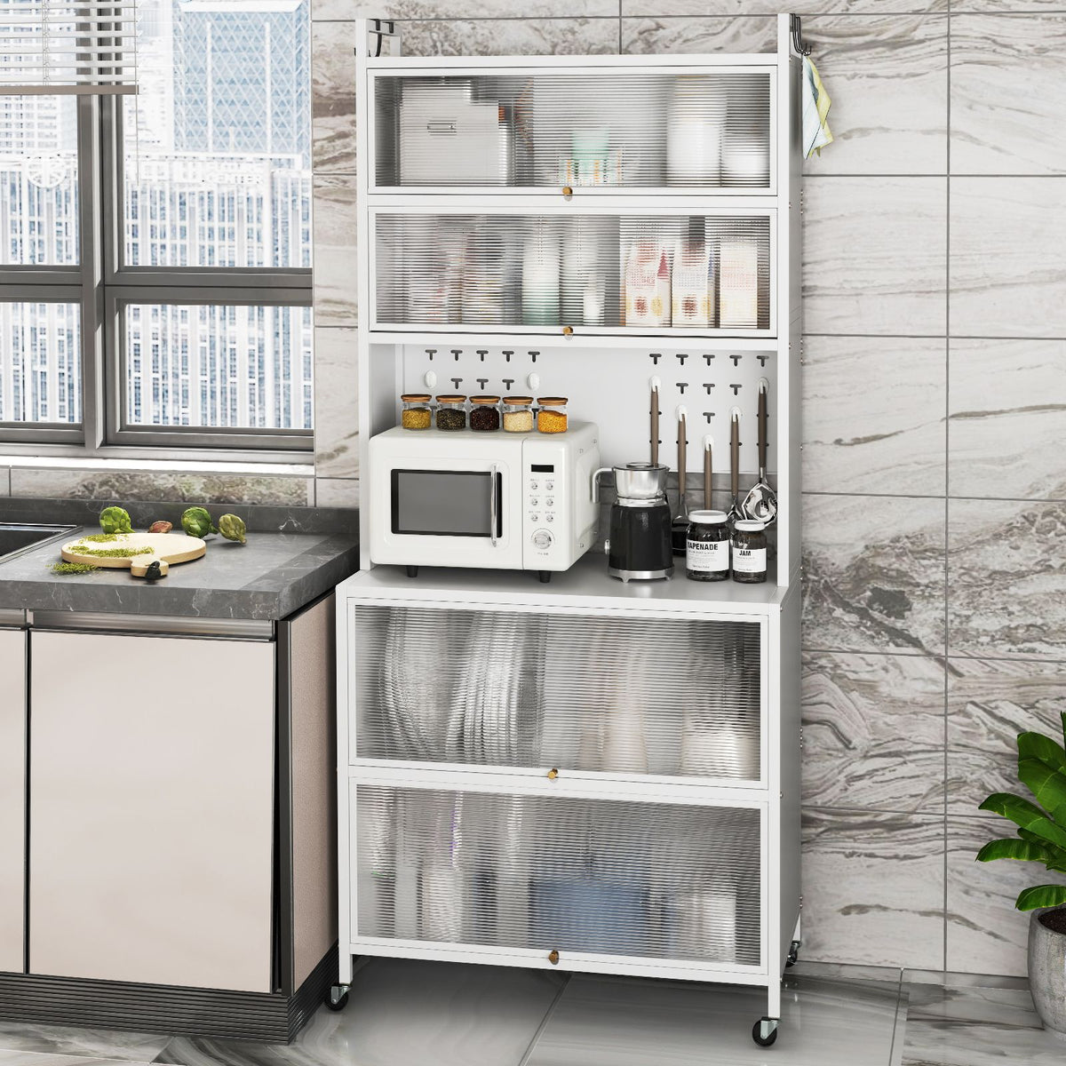 6-Tier Kitchen Pantry Cabinet with Hutch and Flip Doors