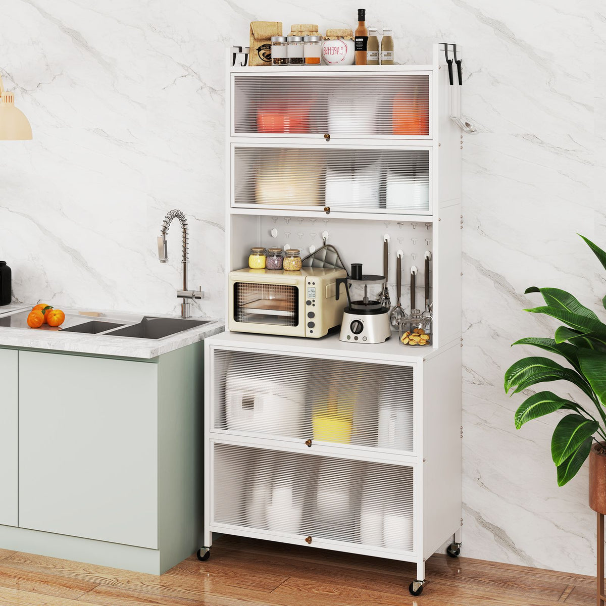 6-Tier Kitchen Pantry Cabinet with Hutch and Flip Doors