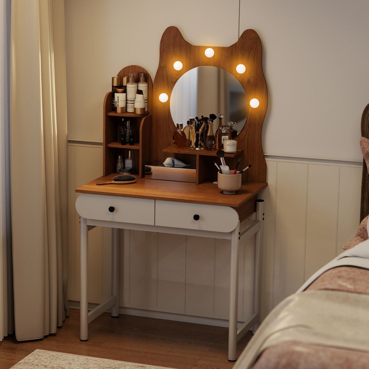 Kitty-shaped Vanity Desk with Mirror and Lights