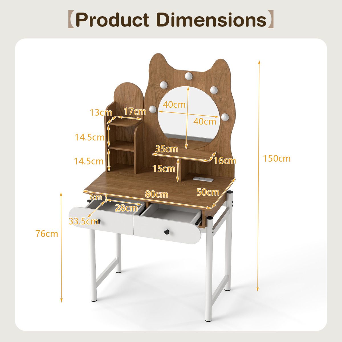 Kitty-shaped Vanity Desk with Mirror and Lights