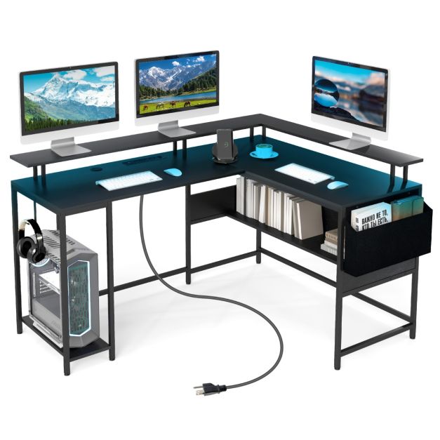 L-Shaped Home Office Gaming Desk with LED Lights and Power Outlets
