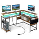 L-Shaped Home Office Gaming Desk with LED Lights and Power Outlets