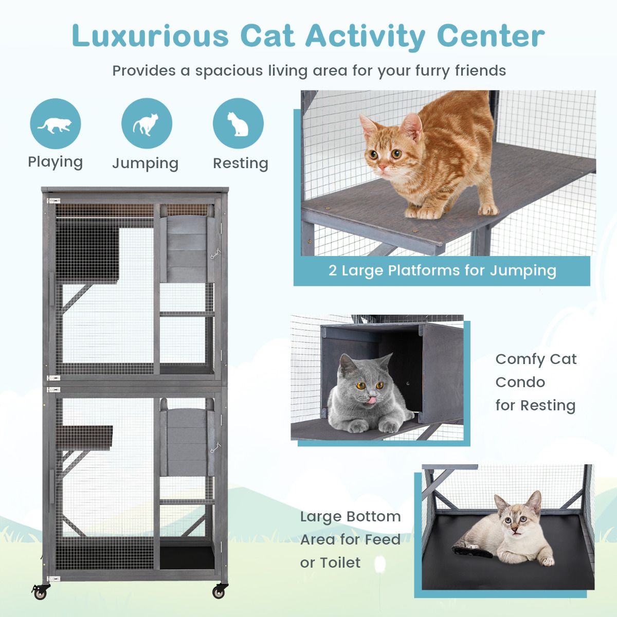 182 CM Large Wooden Cat Enclosure on Wheels with Resting Box