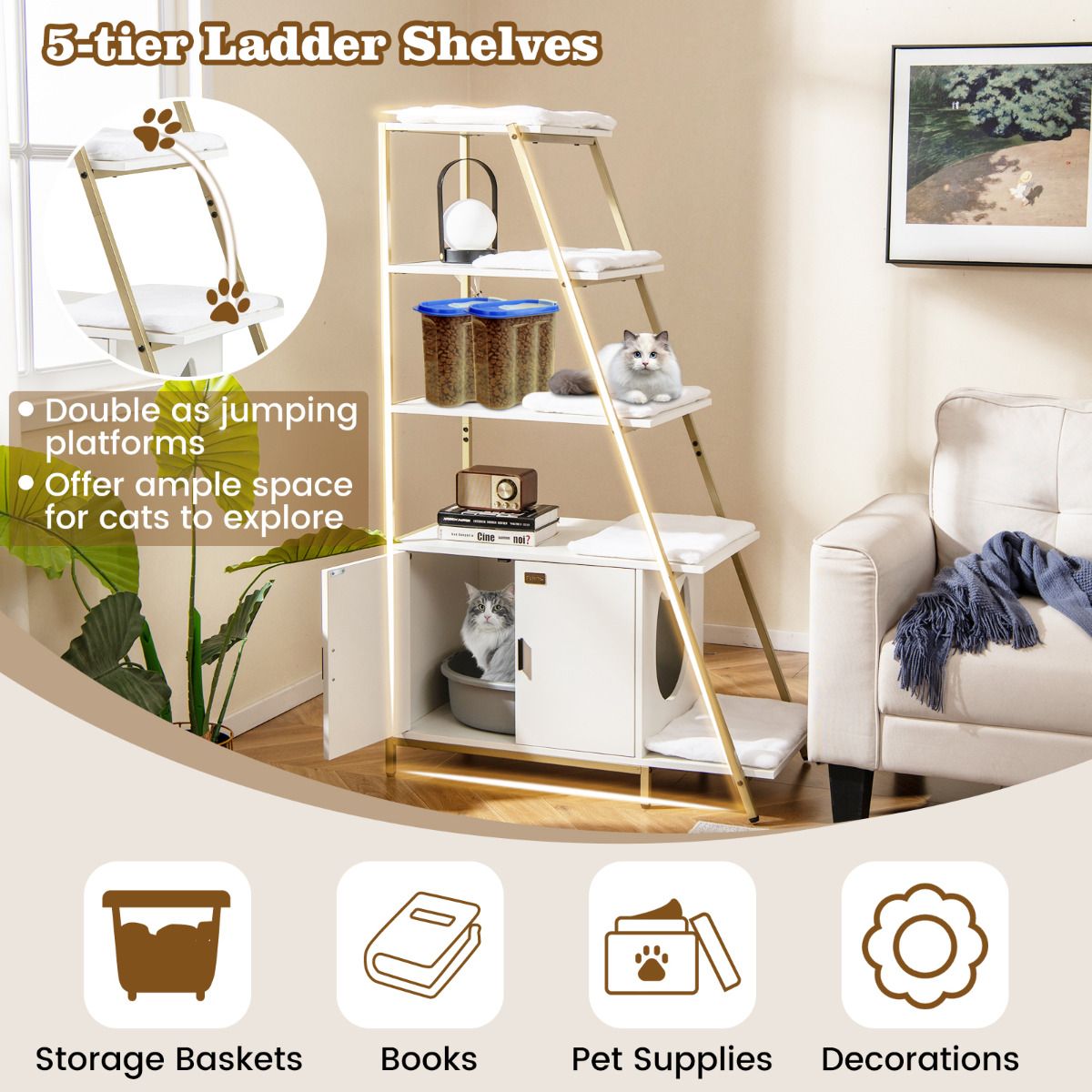 Large Cat Litter Box Enclosure with Storage 2-in-1 Hidden Cat Washroom