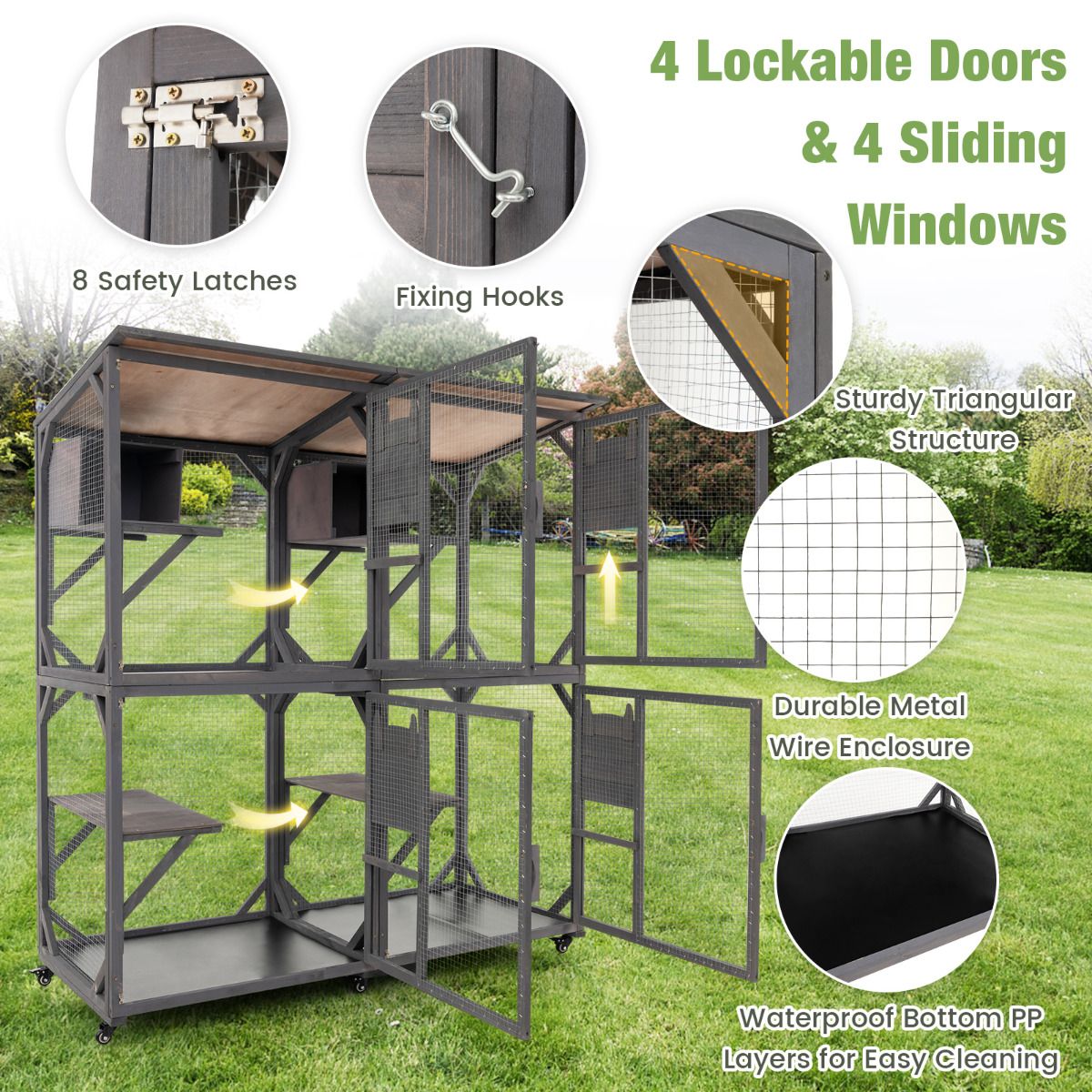 182 CM Tall Outdoor Catio Kitten Enclosure with Weatherproof Asphalt Roof