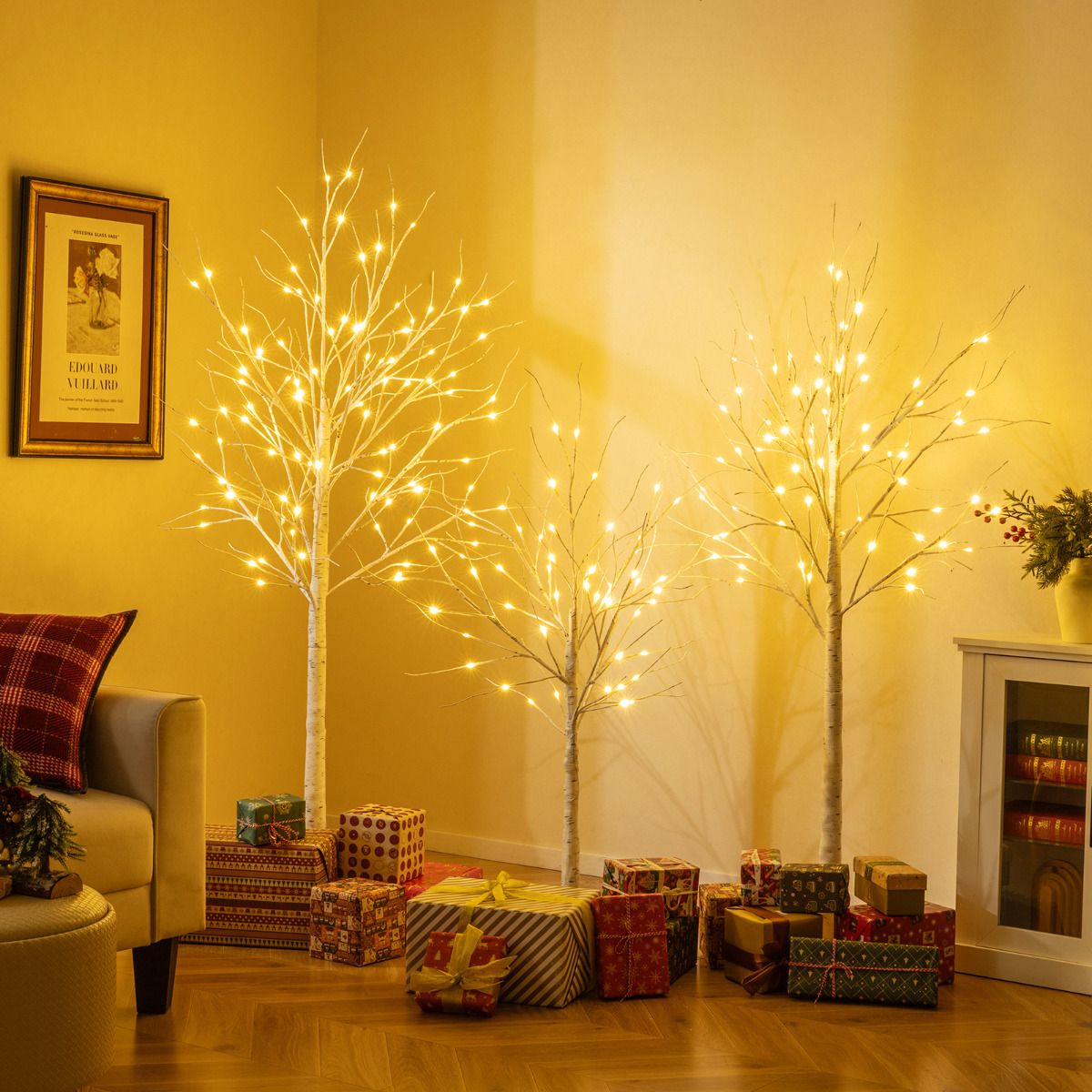 Lighted Birch Tree Set of 3 1.2/1.5/1.8M Pre-Lit Artificial Christmas Tree with 216 Warm White LED Lights