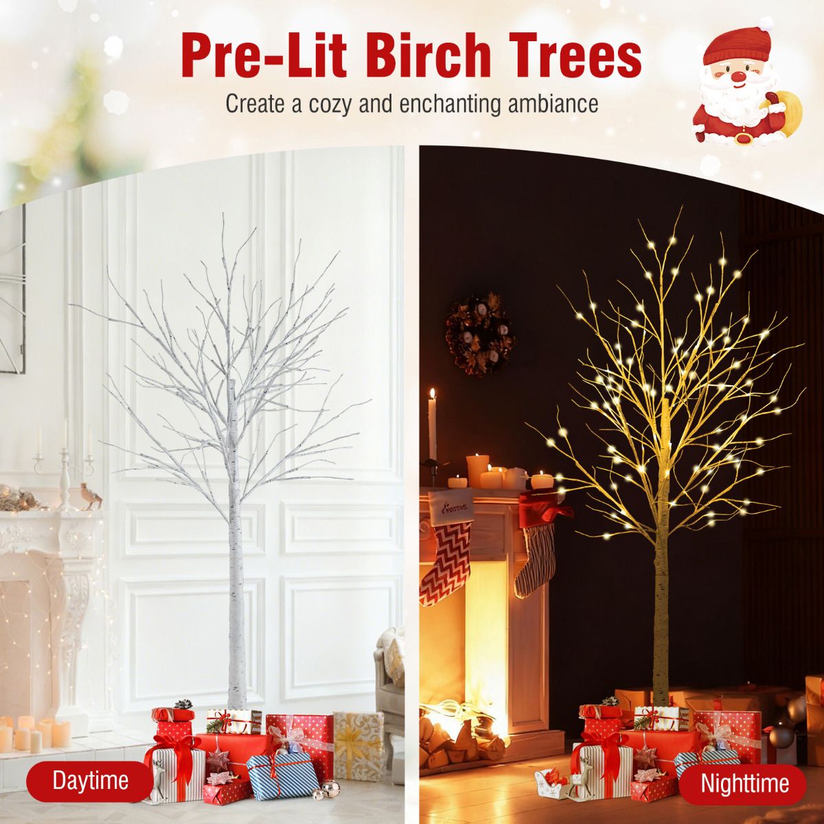 Lighted Birch Tree Set of 3 1.2/1.5/1.8M Pre-Lit Artificial Christmas Tree with 216 Warm White LED Lights