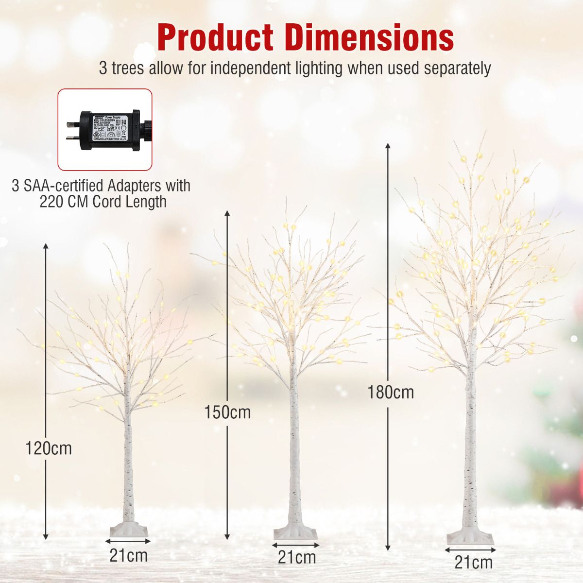 Lighted Birch Tree Set of 3 1.2/1.5/1.8M Pre-Lit Artificial Christmas Tree with 216 Warm White LED Lights