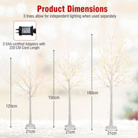 Lighted Birch Tree Set of 3 1.2/1.5/1.8M Pre-Lit Artificial Christmas Tree with 216 Warm White LED Lights