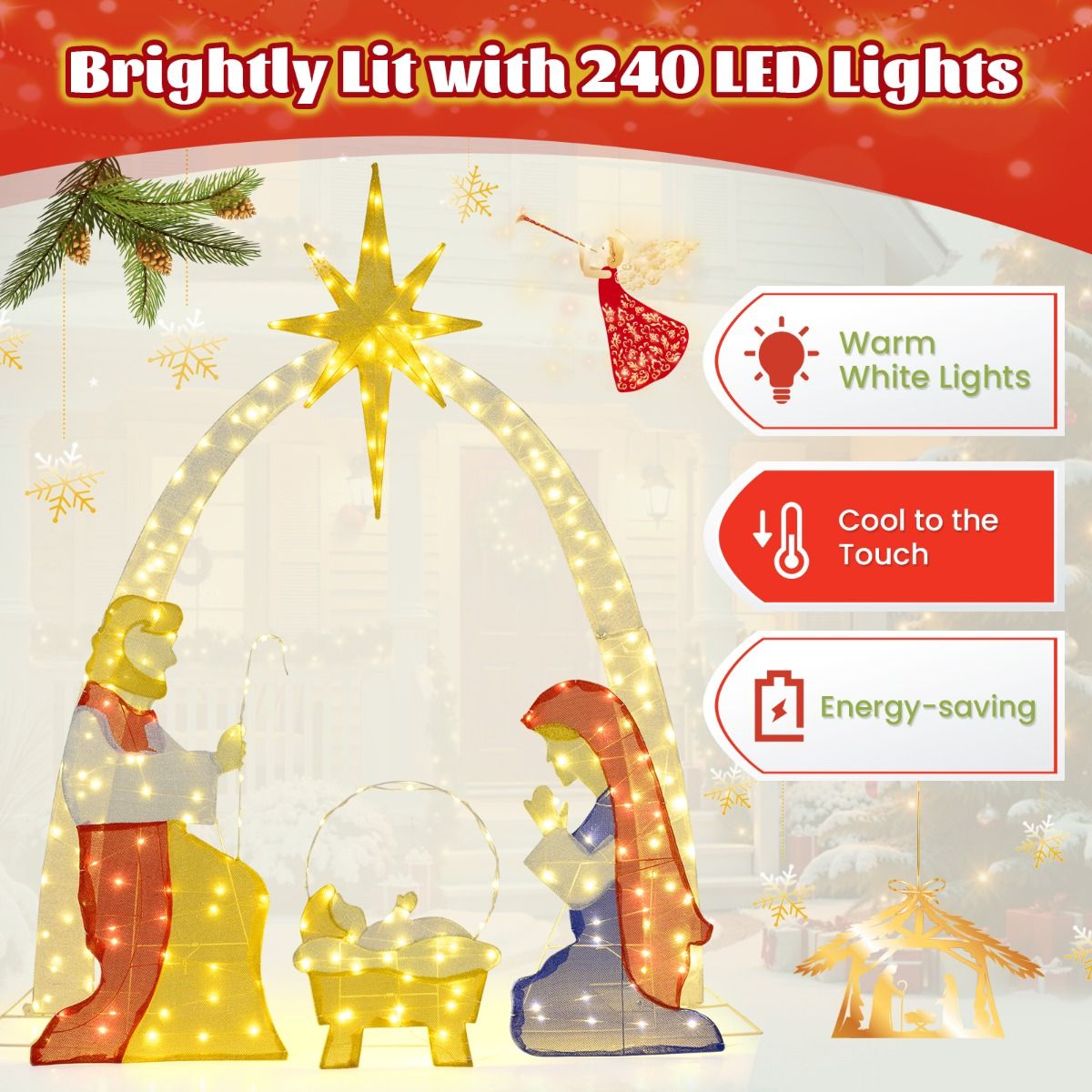 1.8m Lighted Nativity Scene with 240 Warm White LED Lights