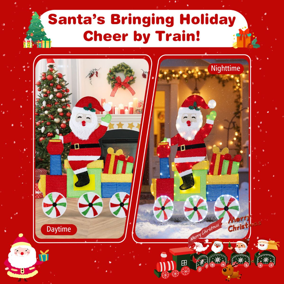 Lighted Santa on Train Christmas Decoration Indoor Outdoor 2D Santa Claus