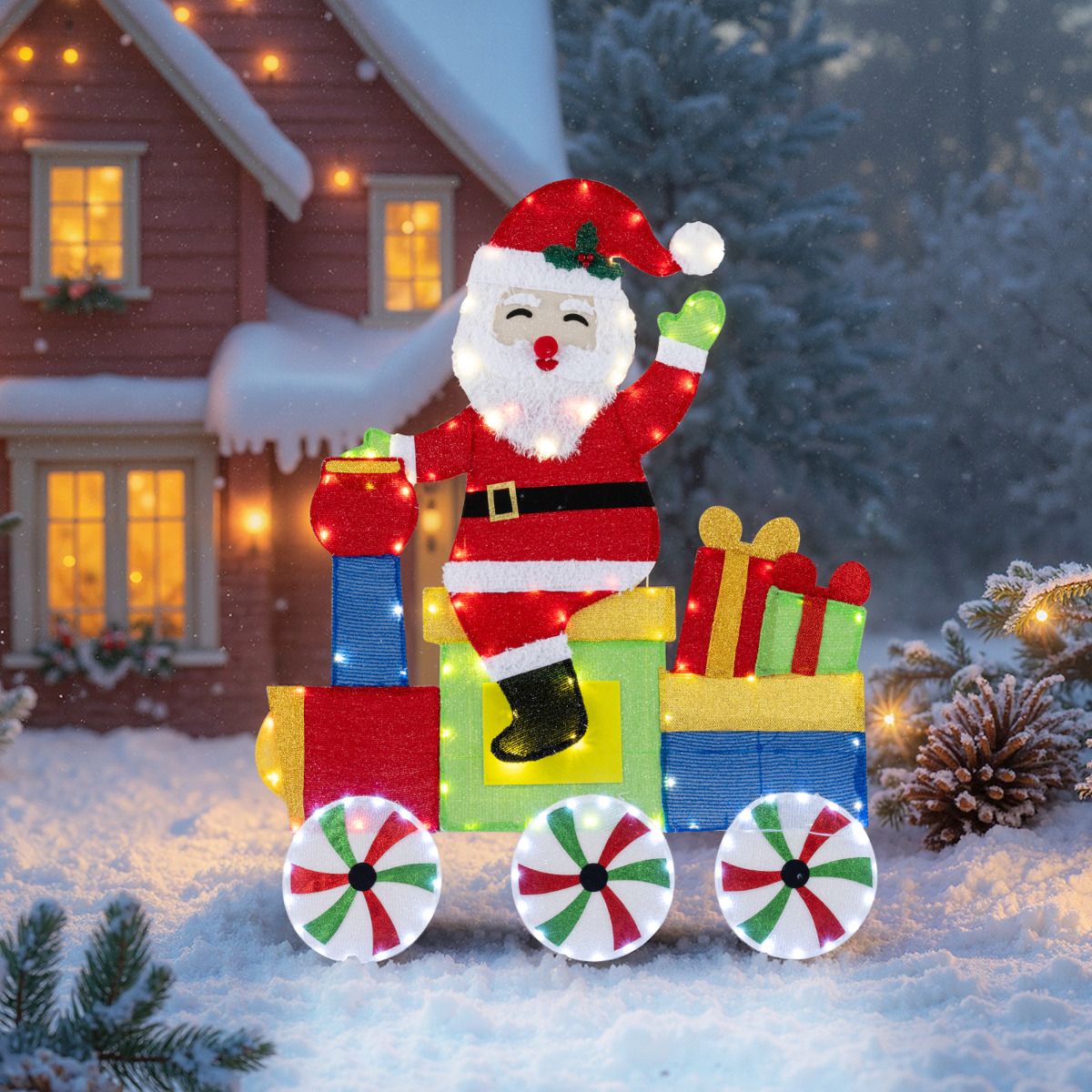 Lighted Santa on Train Christmas Decoration Indoor Outdoor 2D Santa Claus