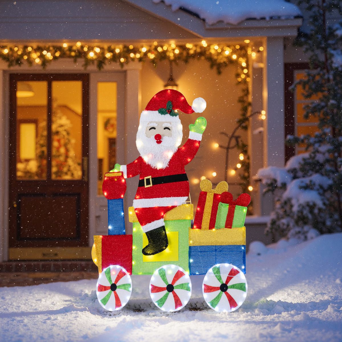 Lighted Santa on Train Christmas Decoration Indoor Outdoor 2D Santa Claus