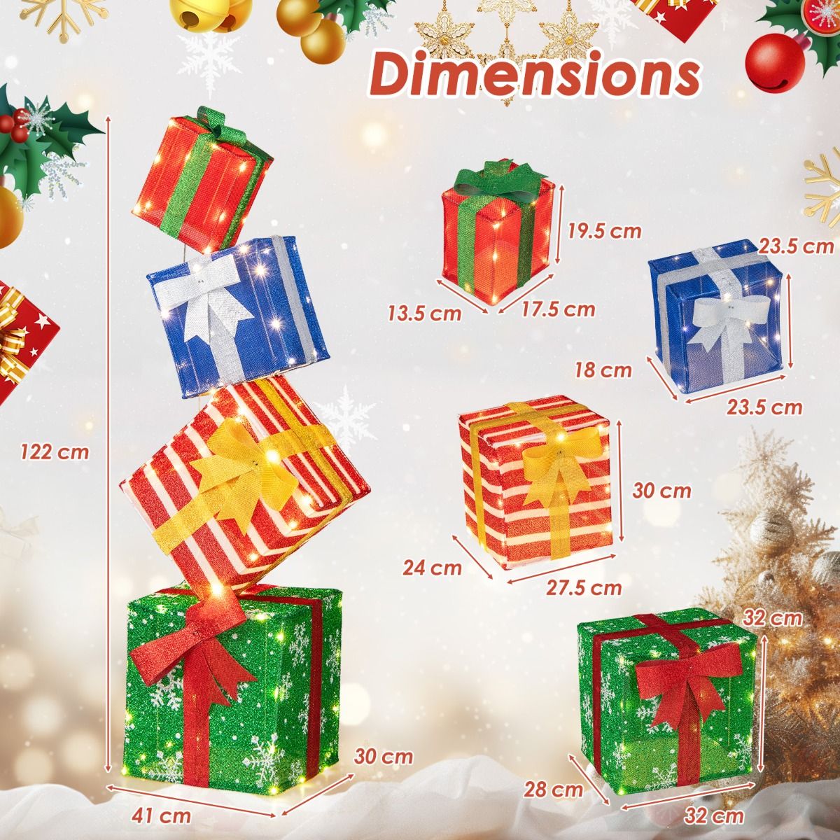 122CM Lighted Stacked Gift Boxes Tower Christmas Decorations