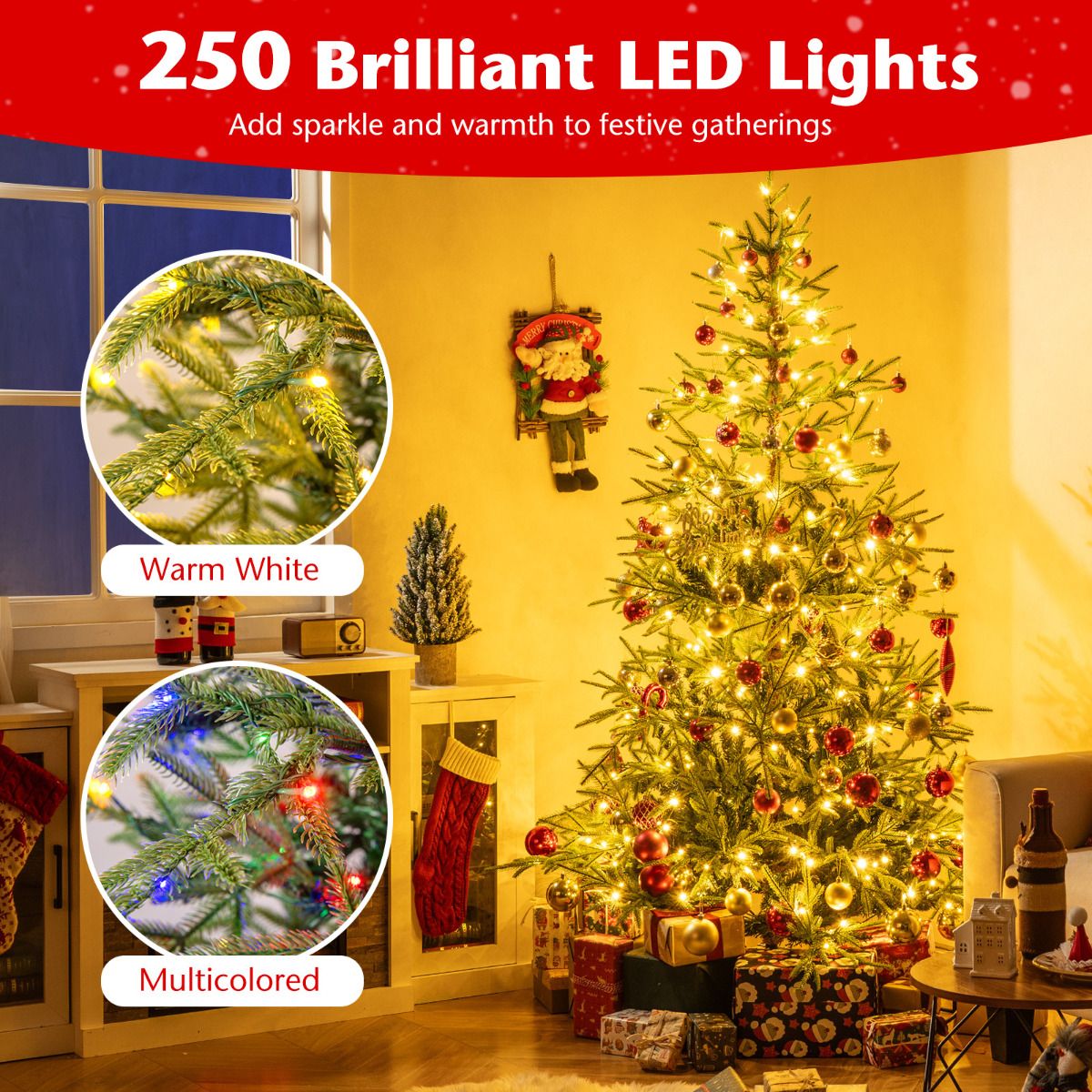 1.8/2.1M Pre-Lit Artificial Christmas Tree with 11 Light Modes 250/300 Warm White and Multicolored LED Lights