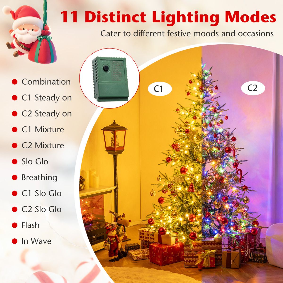 1.8/2.1M Pre-Lit Artificial Christmas Tree with 11 Light Modes 250/300 Warm White and Multicolored LED Lights