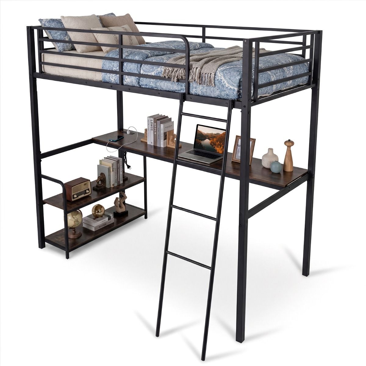 Loft Bed Single Size with Desk 2-in-1 Metal Loft Bed Frame with Charging Station