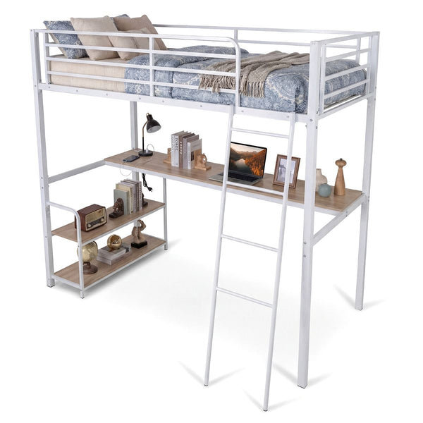 Loft Bed Single Size with Desk 2-in-1 Metal Loft Bed Frame with Charging Station