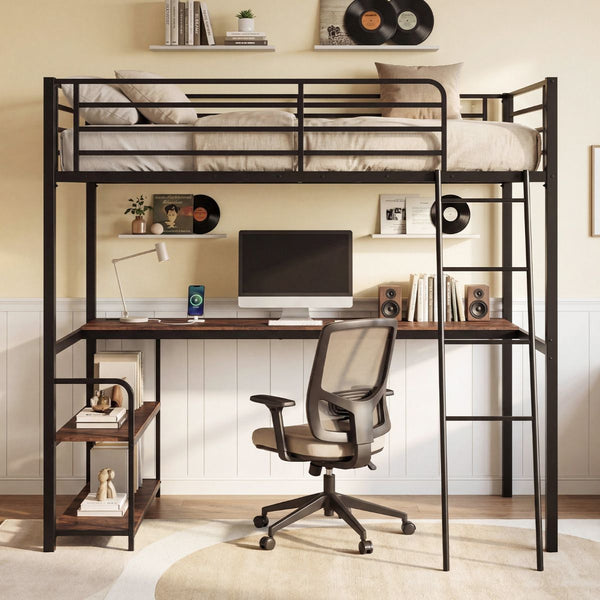 Loft Bed Single Size with Desk 2-in-1 Metal Loft Bed Frame with Charging Station