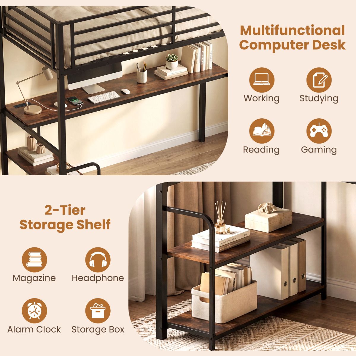 Loft Bed Single Size with Desk 2-in-1 Metal Loft Bed Frame with Charging Station