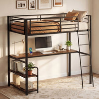 Loft Bed Single Size with Desk 2-in-1 Metal Loft Bed Frame with Charging Station