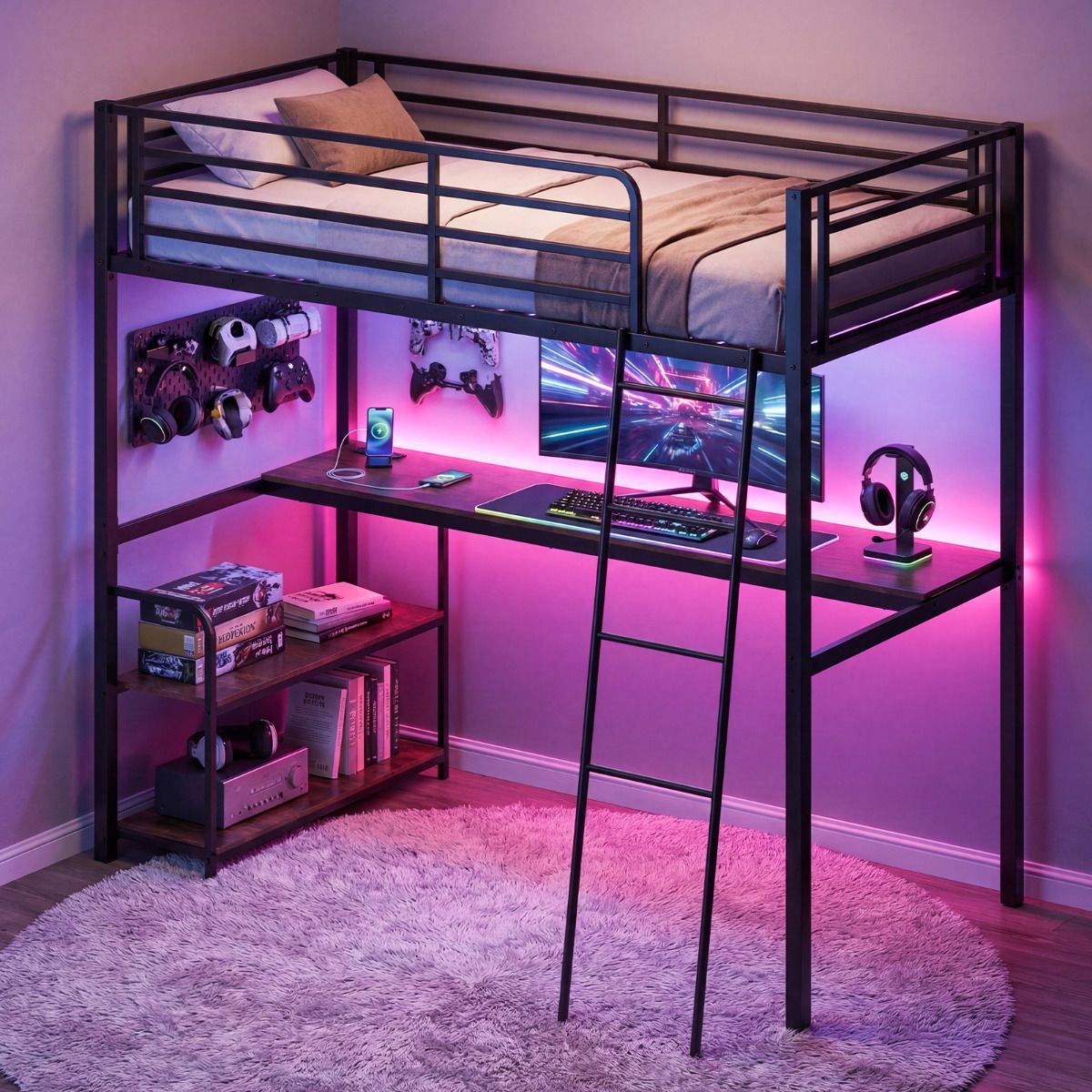 Loft Bed Single Size with Desk 2-in-1 Metal Loft Bed Frame with Charging Station