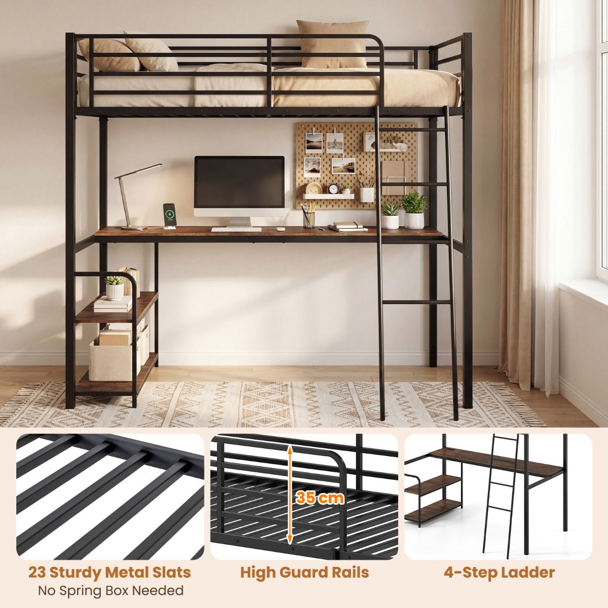 Loft Bed Single Size with Desk 2-in-1 Metal Loft Bed Frame with Charging Station